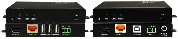 Front & Back Panel Views of 100m HDBase-T TX & RX w/ USB 2.0, Horizontal