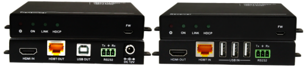 Front & Back Panel Views of 100m HDBase-T TX & RX w/ USB 2.0, Horizontal, Small