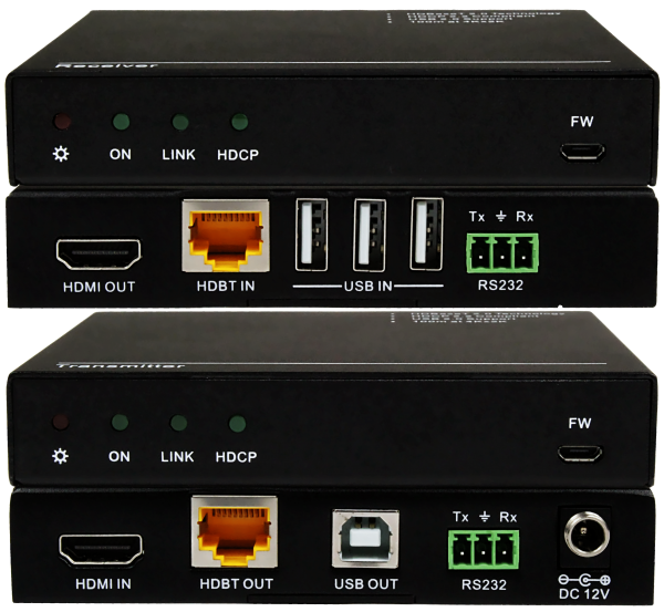 Front & Back Panel Views of 100m HDBase-T TX & RX w/ USB 2.0